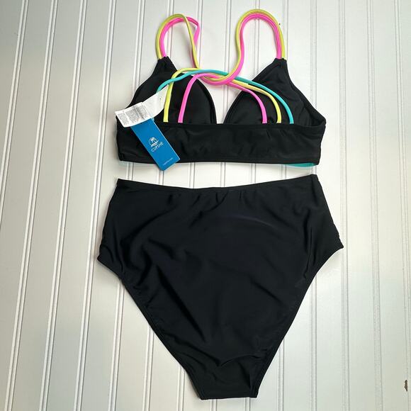 Cupshe Women 2 Piece Swimsuit Medium Black Neon Strappy Back High Waisted Cheeky - Picture 2 of 6